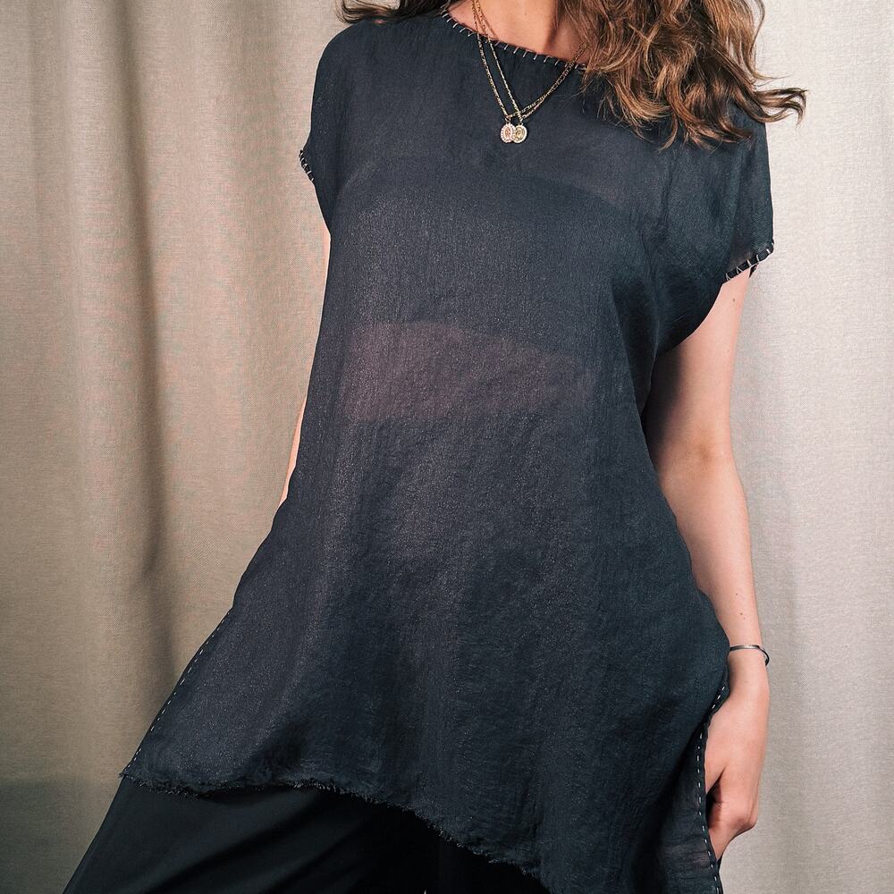 Sheer Charcoal Gauze Top, Hand-Stitched Picot Hem, Mexico